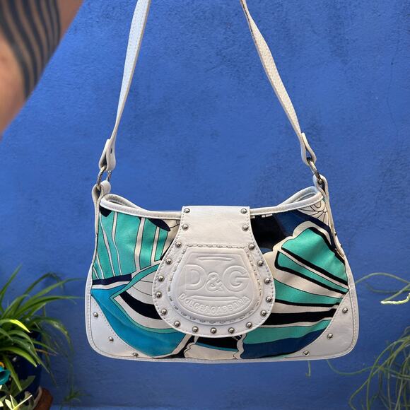 Dolce & Gabbana Handbags - Dolce & Gabbana White Leather and Retro Print Canvas Shoulder Bag